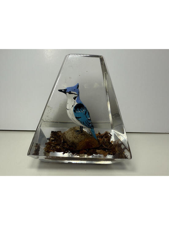 Other - Vintage Hand Carved Wood Blue Jay Bird Optic Faceted Views Acrylic Paperweight